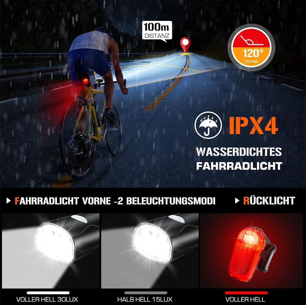 Set di Luci LED per Bicicletta Anteriori e Posteriori Impermeabili e Ricaricabili Tramite USB in Dotazione - 2