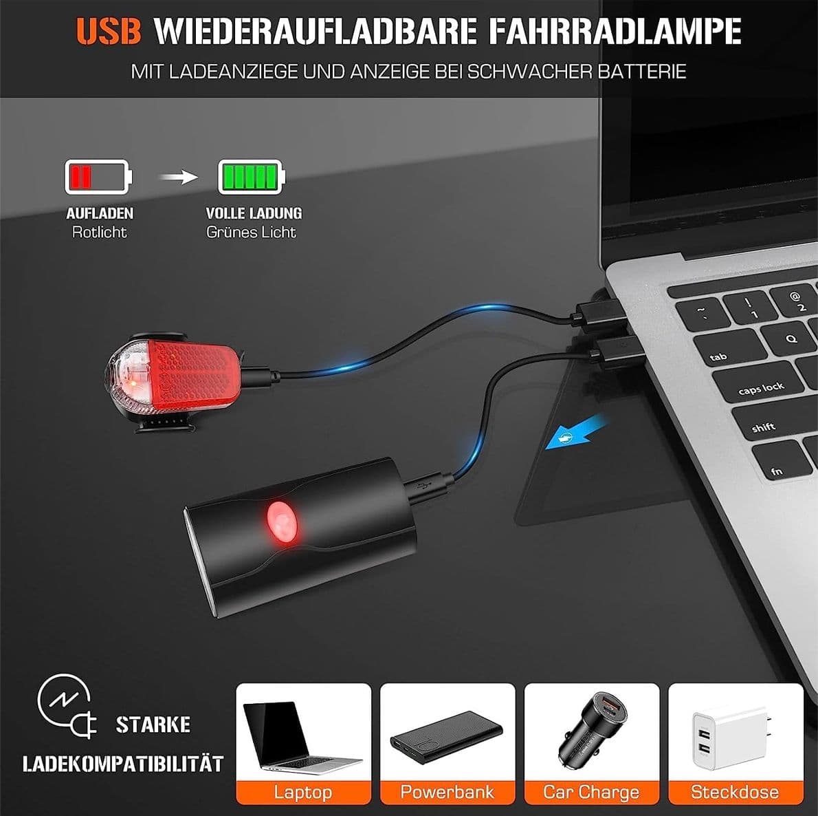 Set di Luci LED per Bicicletta Anteriori e Posteriori Impermeabili e Ricaricabili Tramite USB in Dotazione - 3