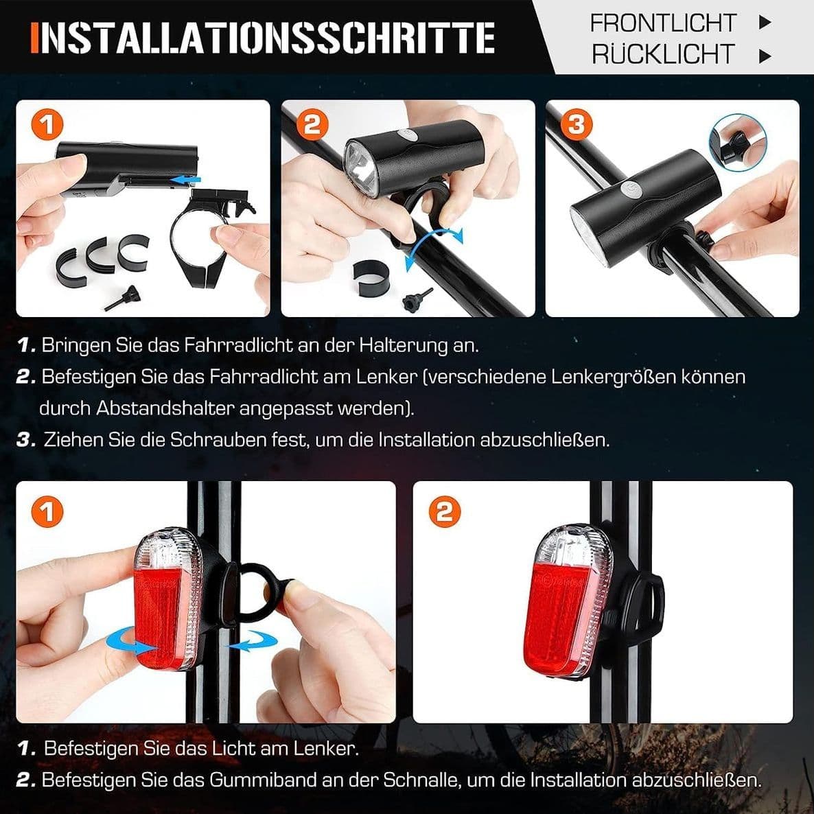 Set di Luci LED per Bicicletta Anteriori e Posteriori Impermeabili e Ricaricabili Tramite USB in Dotazione - 4