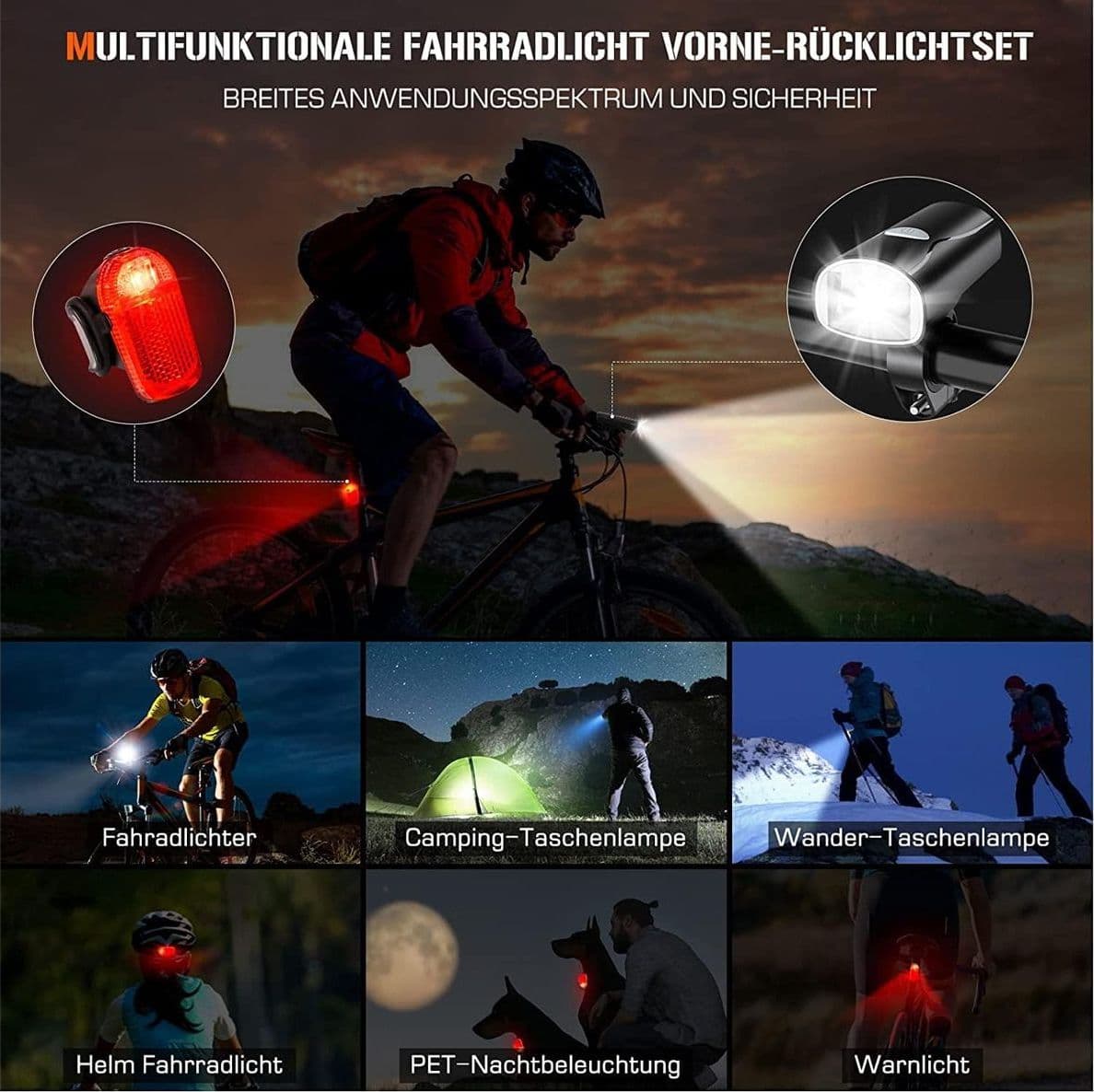 Set di Luci LED per Bicicletta Anteriori e Posteriori Impermeabili e Ricaricabili Tramite USB in Dotazione - 5