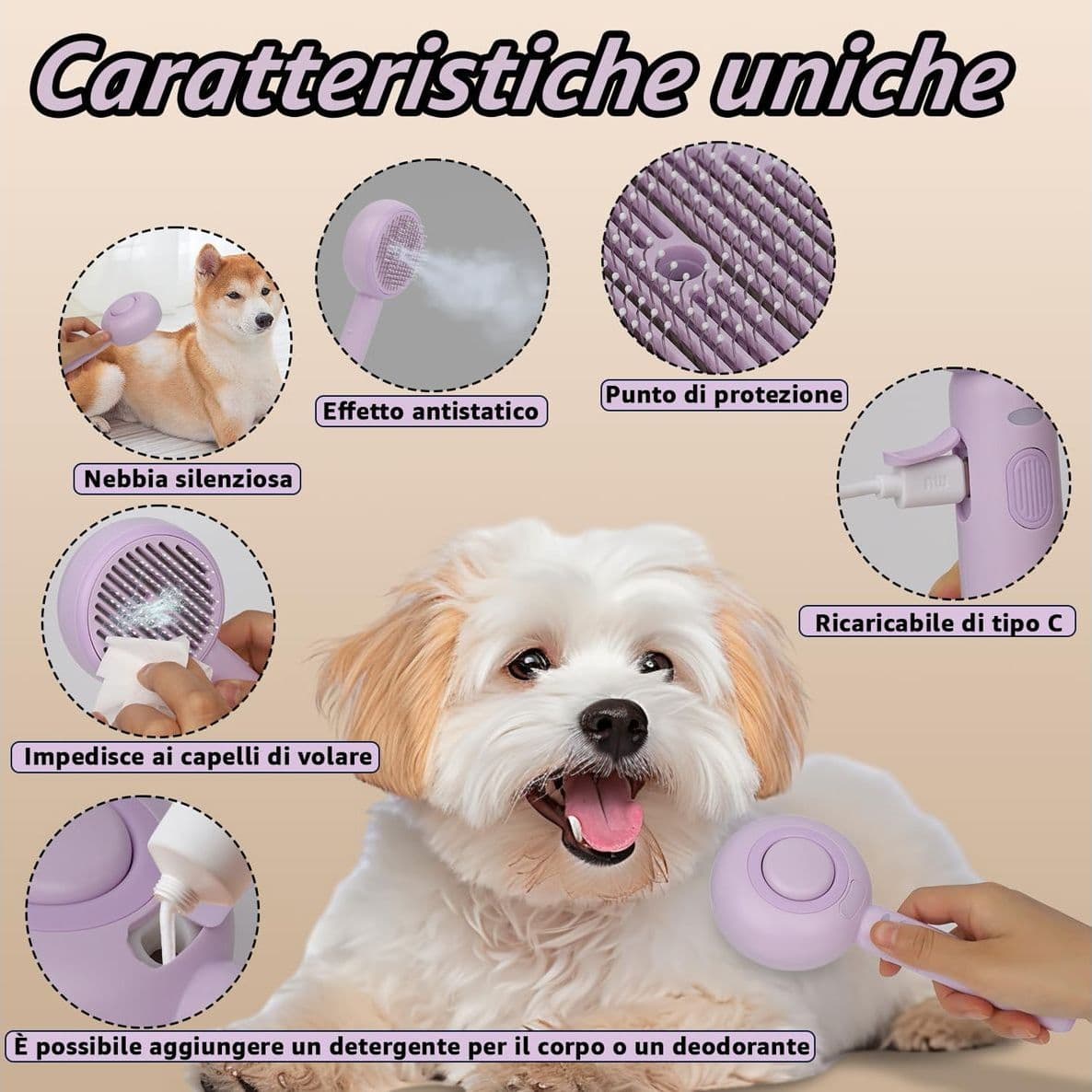 Spazzola Lollipop a Vapore per Gatti e Cani Pulizia e Relax con Acqua Calda con Cavo di Ricarica e Accessori - 3