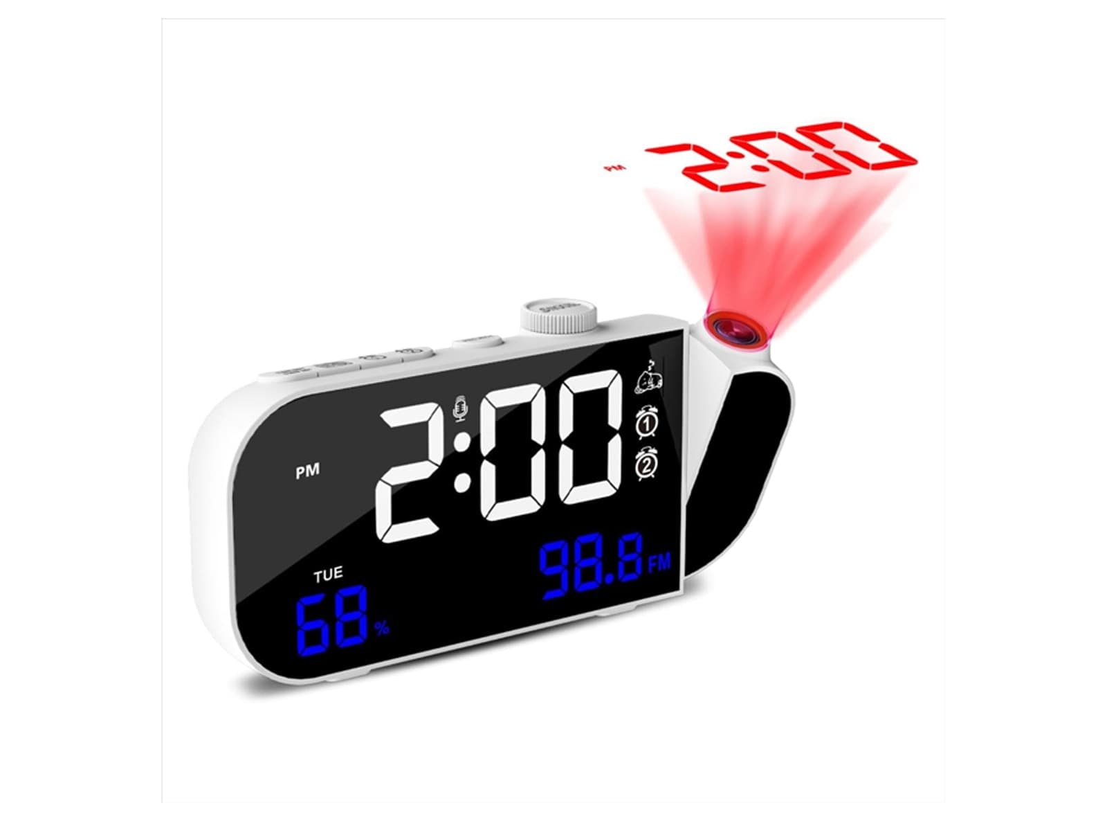 Sveglia Digitale con Proiettore Schermo Numeri Grandi Doppia Snooze Temperatura Umidità Luminosità Regolazione Volume Porta USB C Bianca - 2