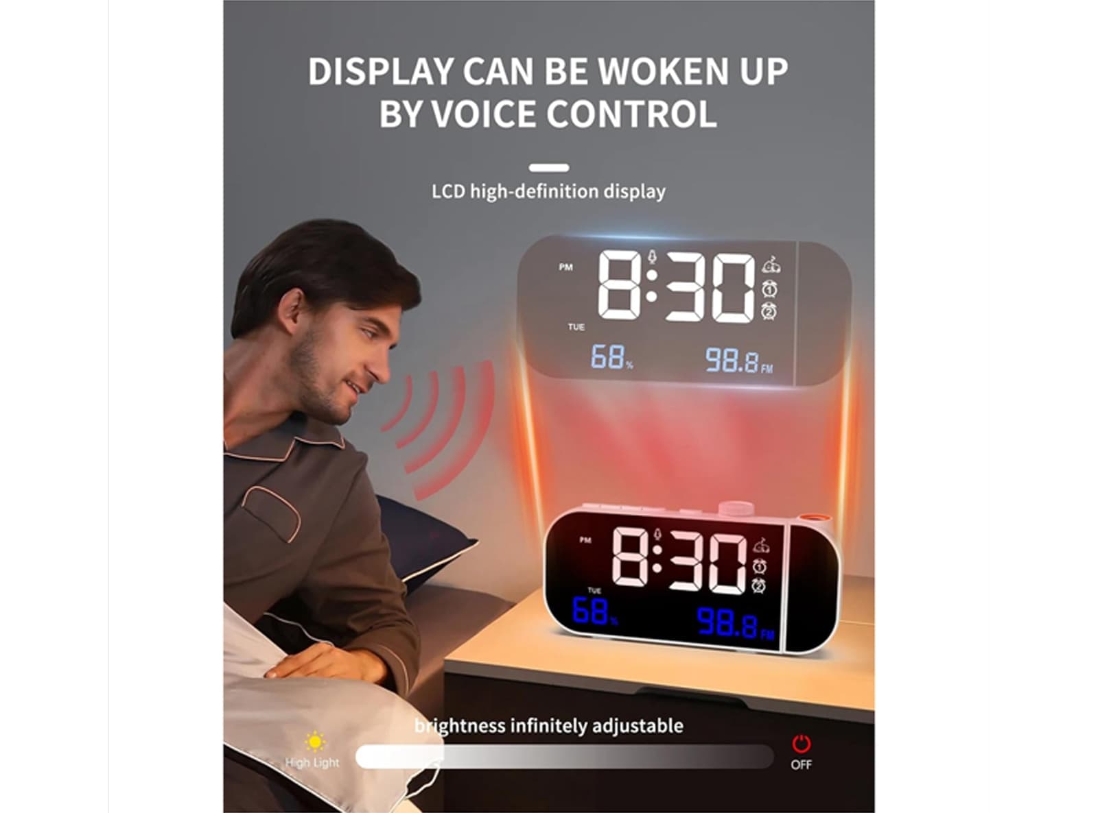 Sveglia Digitale con Proiettore Schermo Numeri Grandi Doppia Snooze Temperatura Umidità Luminosità Regolazione Volume Porta USB C Bianca - 3