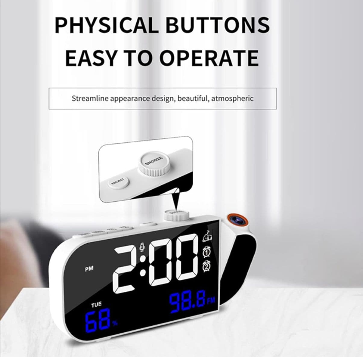 Sveglia Digitale con Proiettore Schermo Numeri Grandi Doppia Snooze Temperatura Umidità Luminosità Regolazione Volume Porta USB C Bianca - 4