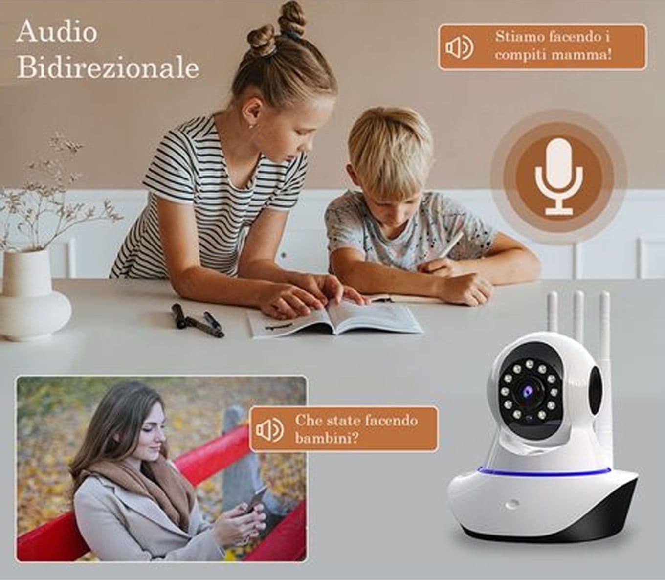 Telecamera IP Wi-Fi Motorizzata da Interno Smart Camera di Sicurezza Wireless con Tripla Antenna Risoluzione HD Visione Notturna e Tracciamento Movimento - 2
