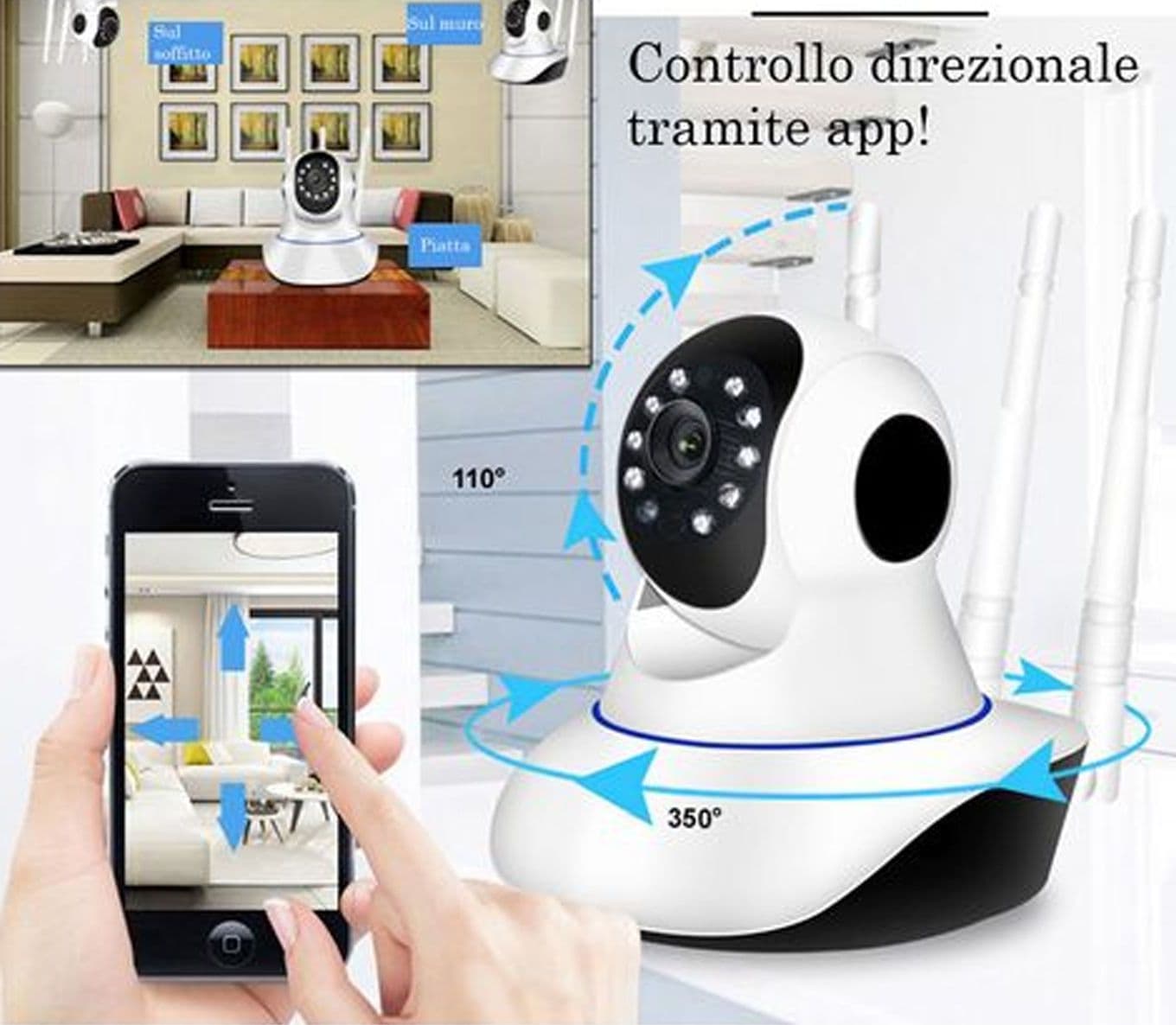 Telecamera IP Wi-Fi Motorizzata da Interno Smart Camera di Sicurezza Wireless con Tripla Antenna Risoluzione HD Visione Notturna e Tracciamento Movimento - 3