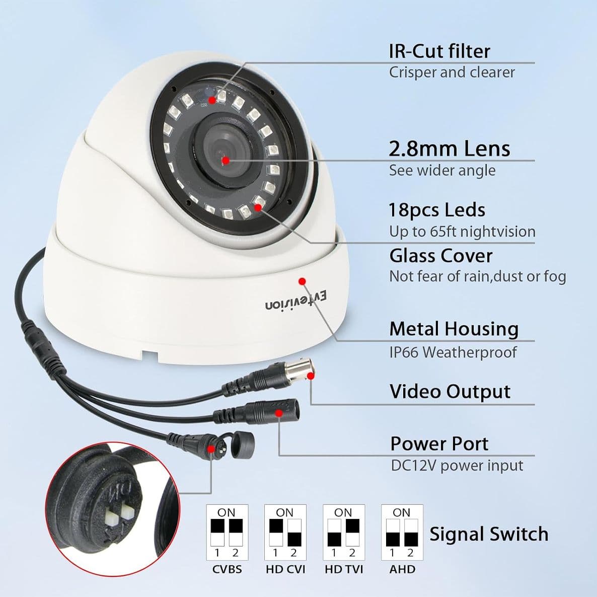 Telecamera Sorveglianza Evtevision ES-HD350 Esterno 5MP Videocamera Cablata AHD CVI TVI 1920p Custodia Metallo IP66 Visione Notturna 20M LED Infrarossi Senza Alimentatore BNC Analogica - 3