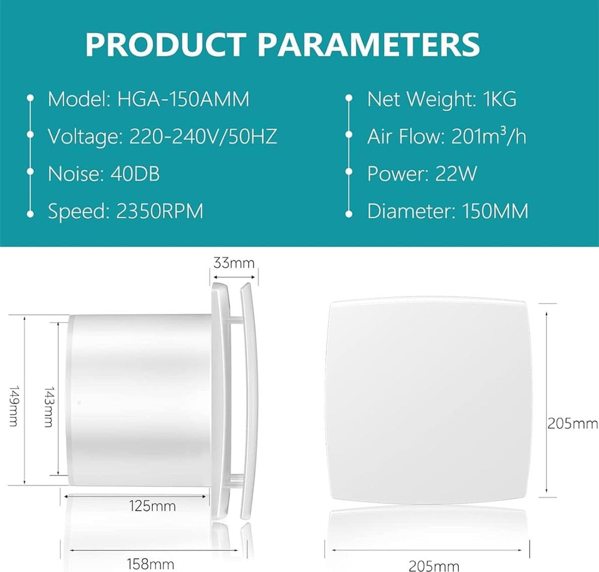 Ventola di Aspiratore 150mm Elettrica Silenziosa Aspirazione per Bagno Camera da Letto Ufficio Estrattore Ventilazione - No Confezione - 2