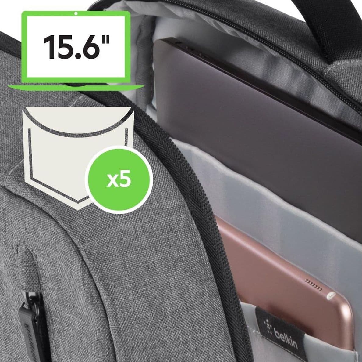 Zaino Porta PC Notebook Laptop fino a 15.6 Pollici Belkin Classic Pro F8N900btBLK da Lavoro Università e Viaggio con Fascia Trolley Grigio - 3