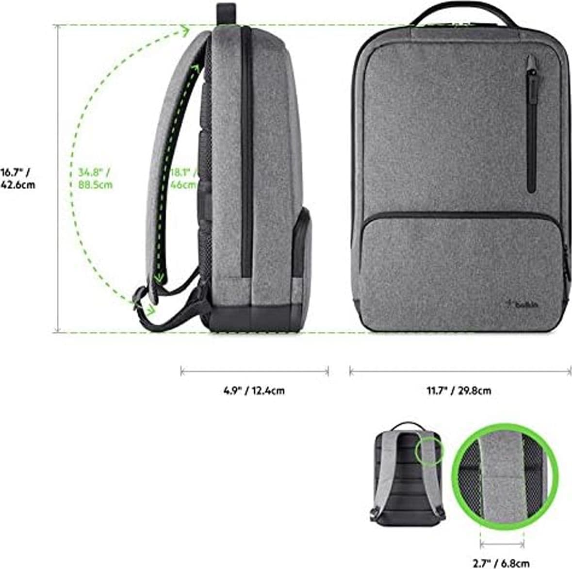 Zaino Porta PC Notebook Laptop fino a 15.6 Pollici Belkin Classic Pro F8N900btBLK da Lavoro Università e Viaggio con Fascia Trolley Grigio - 5