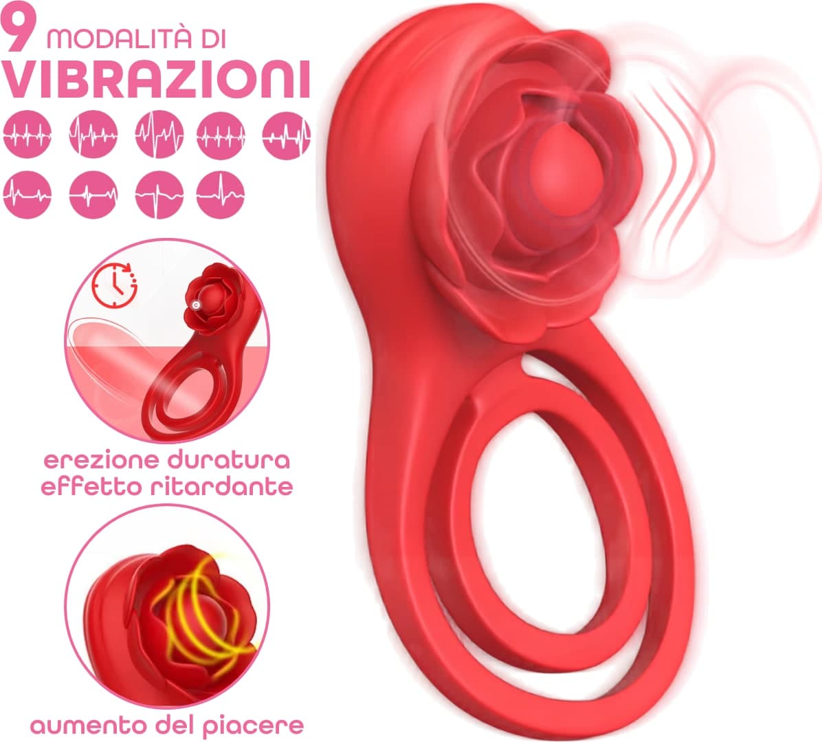 Anello per il Pene Fallico Vibrante con Stimolatore Clitoride App e 9 Vibrazioni - 3