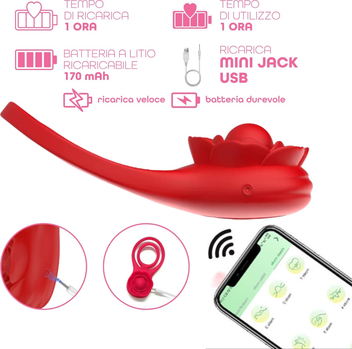 Anello per il Pene Fallico Vibrante con Stimolatore Clitoride App e 9 Vibrazioni - 5