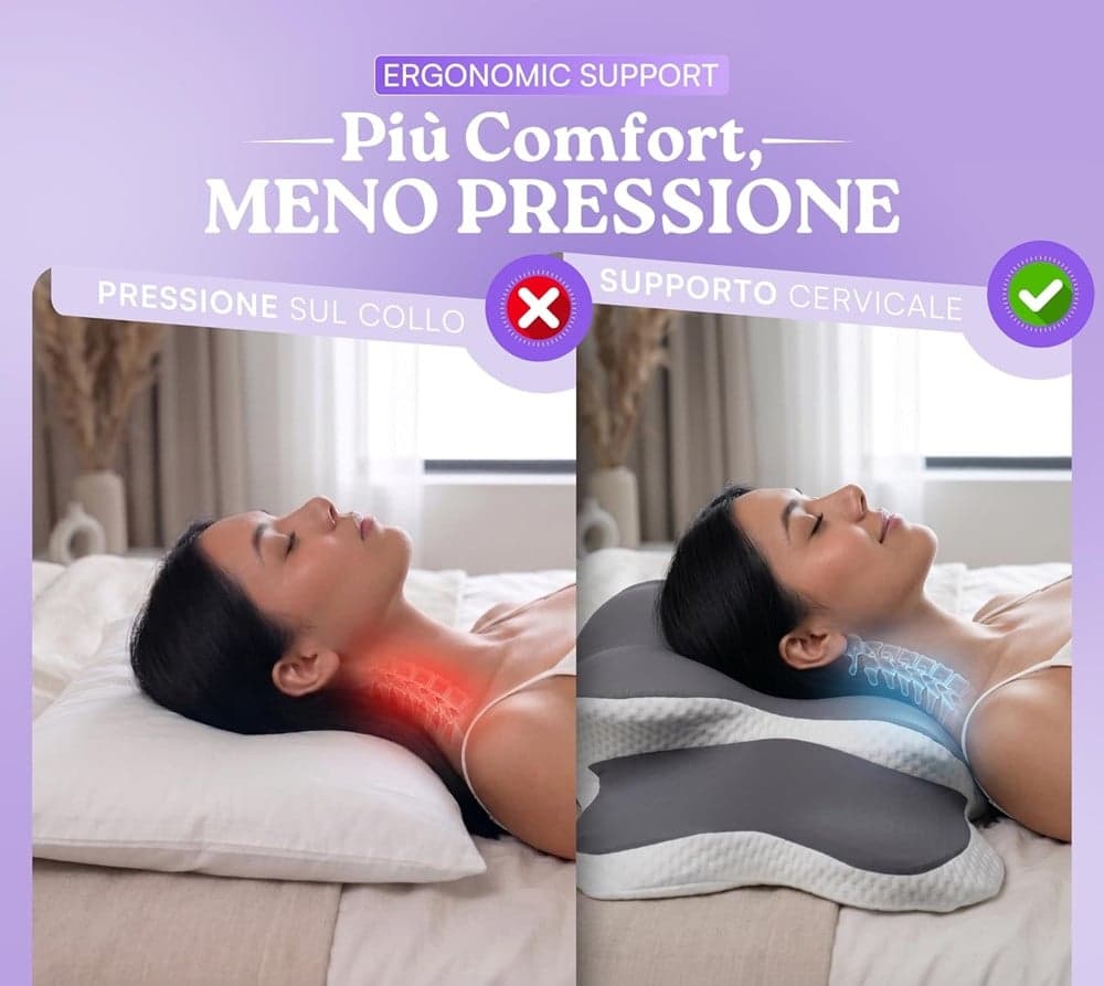 CUSCINO CERVICALE PER DORMIRE SUPPORTO COLLO SPALLE DESIGN ORTOPEDICO FEDERA TRASPIRANTE - 3