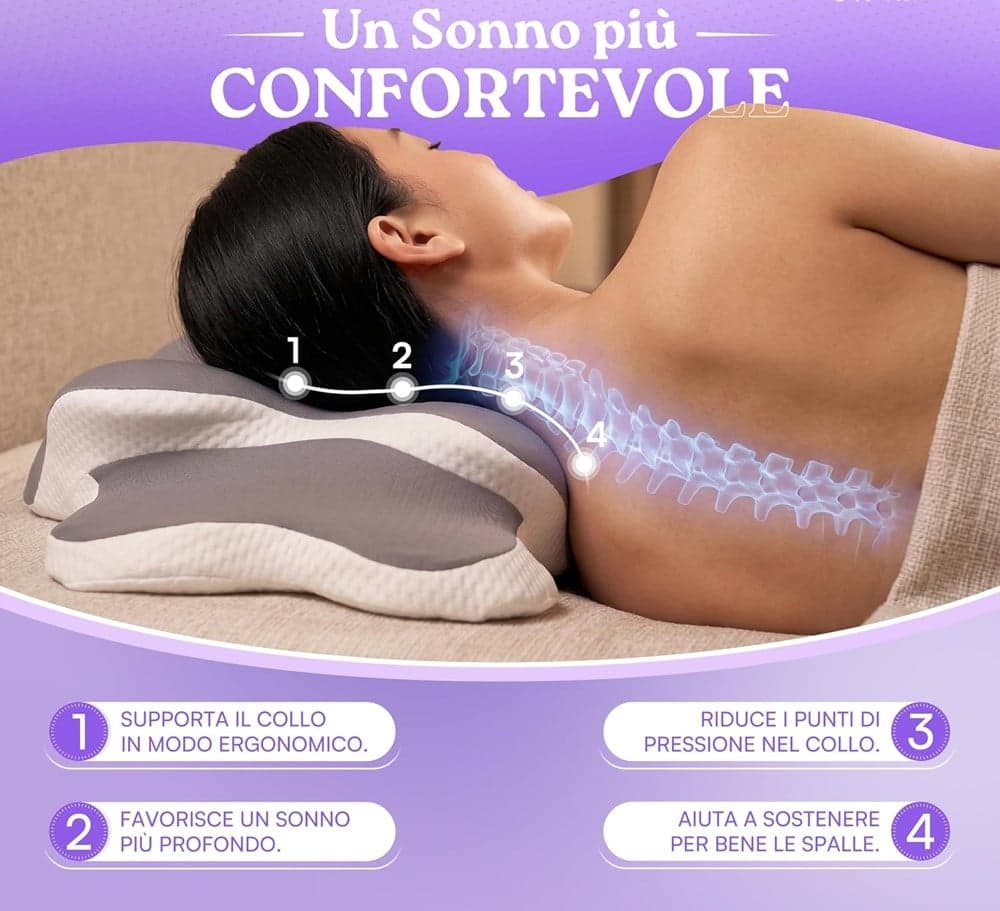 CUSCINO CERVICALE PER DORMIRE SUPPORTO COLLO SPALLE DESIGN ORTOPEDICO FEDERA TRASPIRANTE - 4