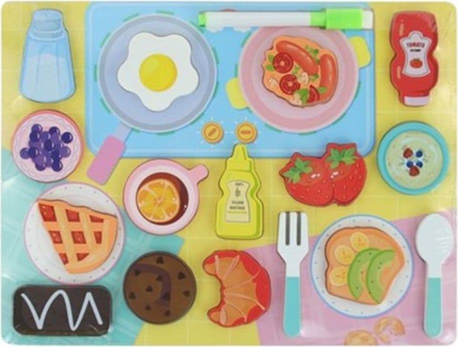 SET PUZZLE LAVAGNA GIOCO IN LEGNO REVERSIBILE EDUCATIVO BAMBINI TEMA COLAZIONE/PRANZO 32374