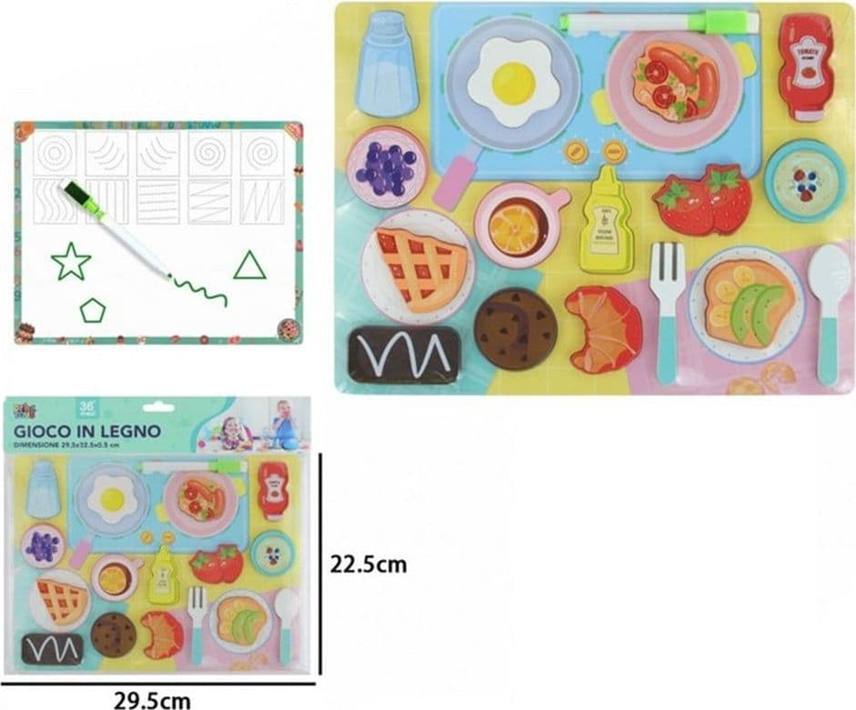 SET PUZZLE LAVAGNA GIOCO IN LEGNO REVERSIBILE EDUCATIVO BAMBINI TEMA COLAZIONE/PRANZO 32374 - 2