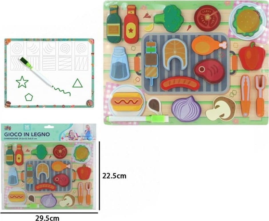 SET PUZZLE LAVAGNA GIOCO IN LEGNO REVERSIBILE EDUCATIVO BAMBINI TEMA BARBECUE CUCINA 32373 - 2