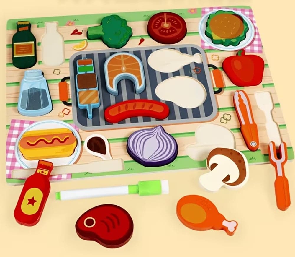 SET PUZZLE LAVAGNA GIOCO IN LEGNO REVERSIBILE EDUCATIVO BAMBINI TEMA BARBECUE CUCINA 32373 - 6