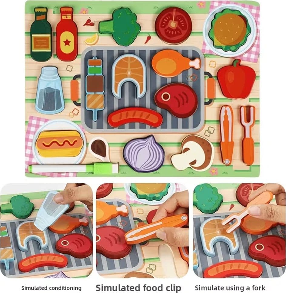 SET PUZZLE LAVAGNA GIOCO IN LEGNO REVERSIBILE EDUCATIVO BAMBINI TEMA BARBECUE CUCINA 32373 - 7