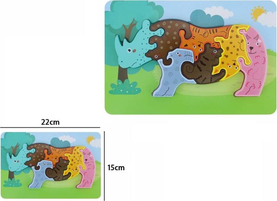 PUZZLE LEGNO FORMA RINOCERONTE RAFFIGURANTE VARI ANIMALI A INCASTRO GIOCO EDUCATIVO 74371 - 2
