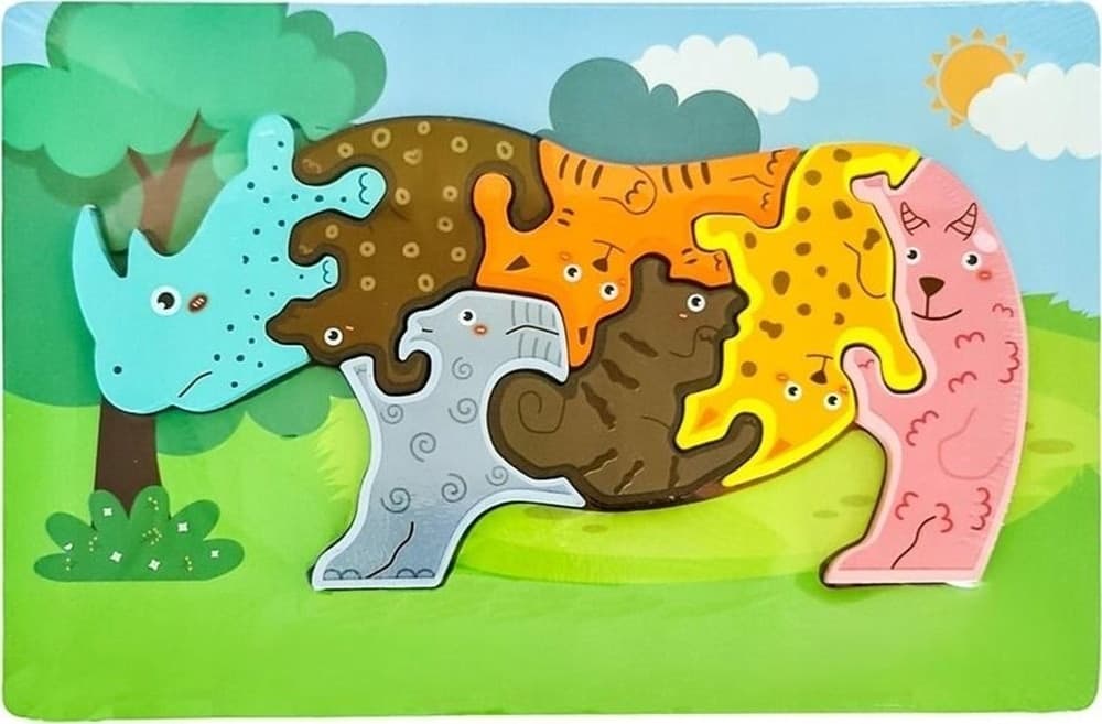 PUZZLE LEGNO FORMA RINOCERONTE RAFFIGURANTE VARI ANIMALI A INCASTRO GIOCO EDUCATIVO 74371 - 3
