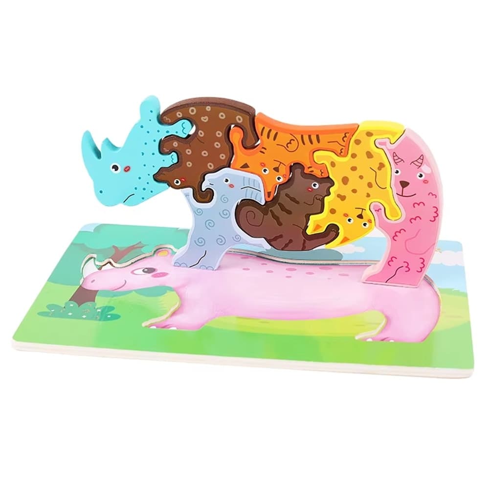 PUZZLE LEGNO FORMA RINOCERONTE RAFFIGURANTE VARI ANIMALI A INCASTRO GIOCO EDUCATIVO 74371 - 4