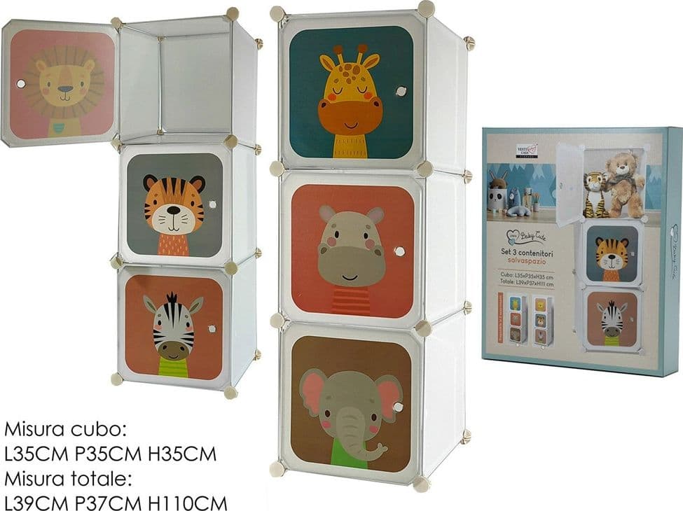 SET 3 CUBI CONTENITORI MODULARI SALVASPAZIO PER BAMBINI SCAFFALE PORTA GIOCHI ANTE DECORATE - 2