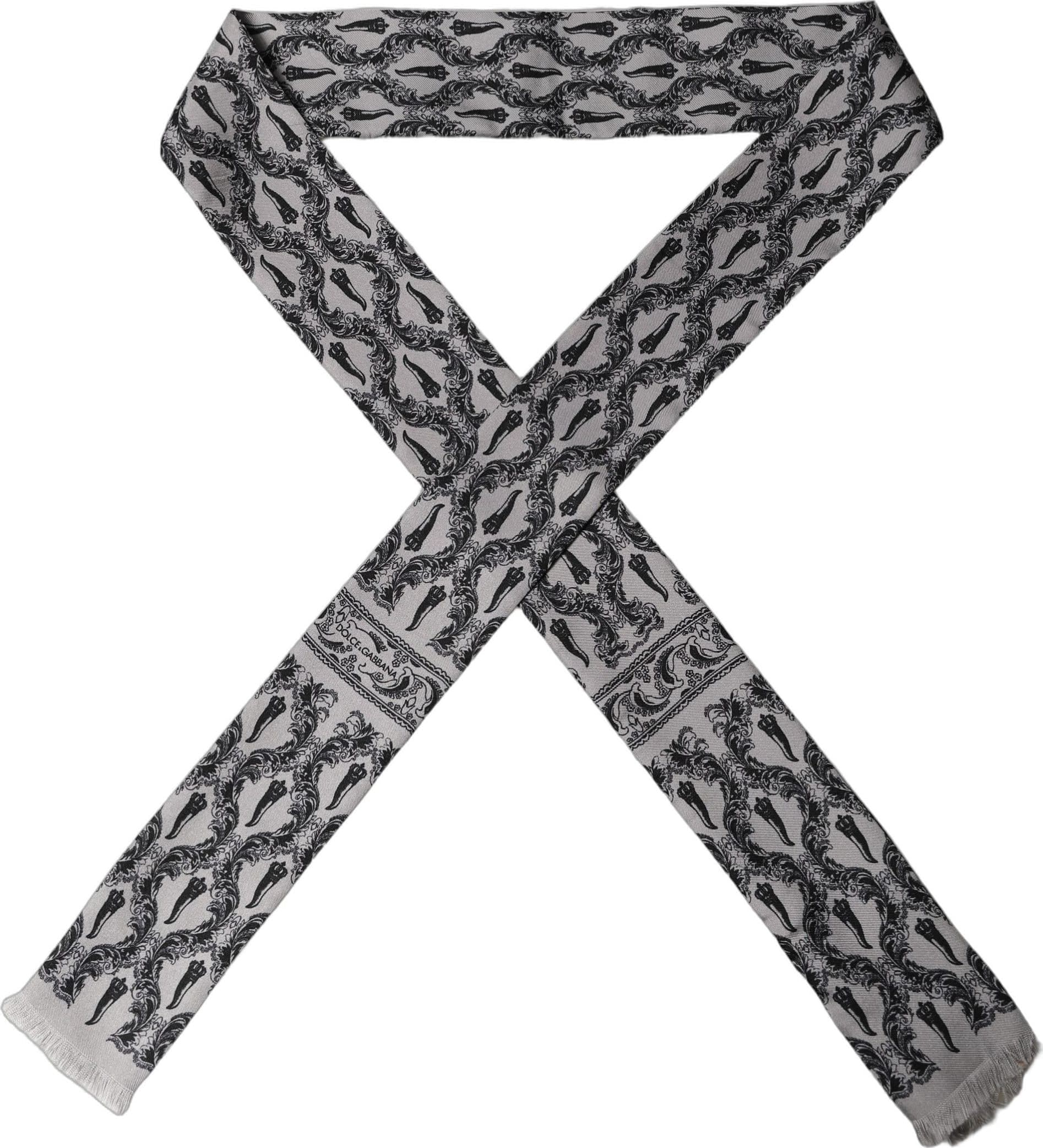 Dolce & Gabbana Gray Baroque Silk Fringed Skinny Foulard Scarf - 2