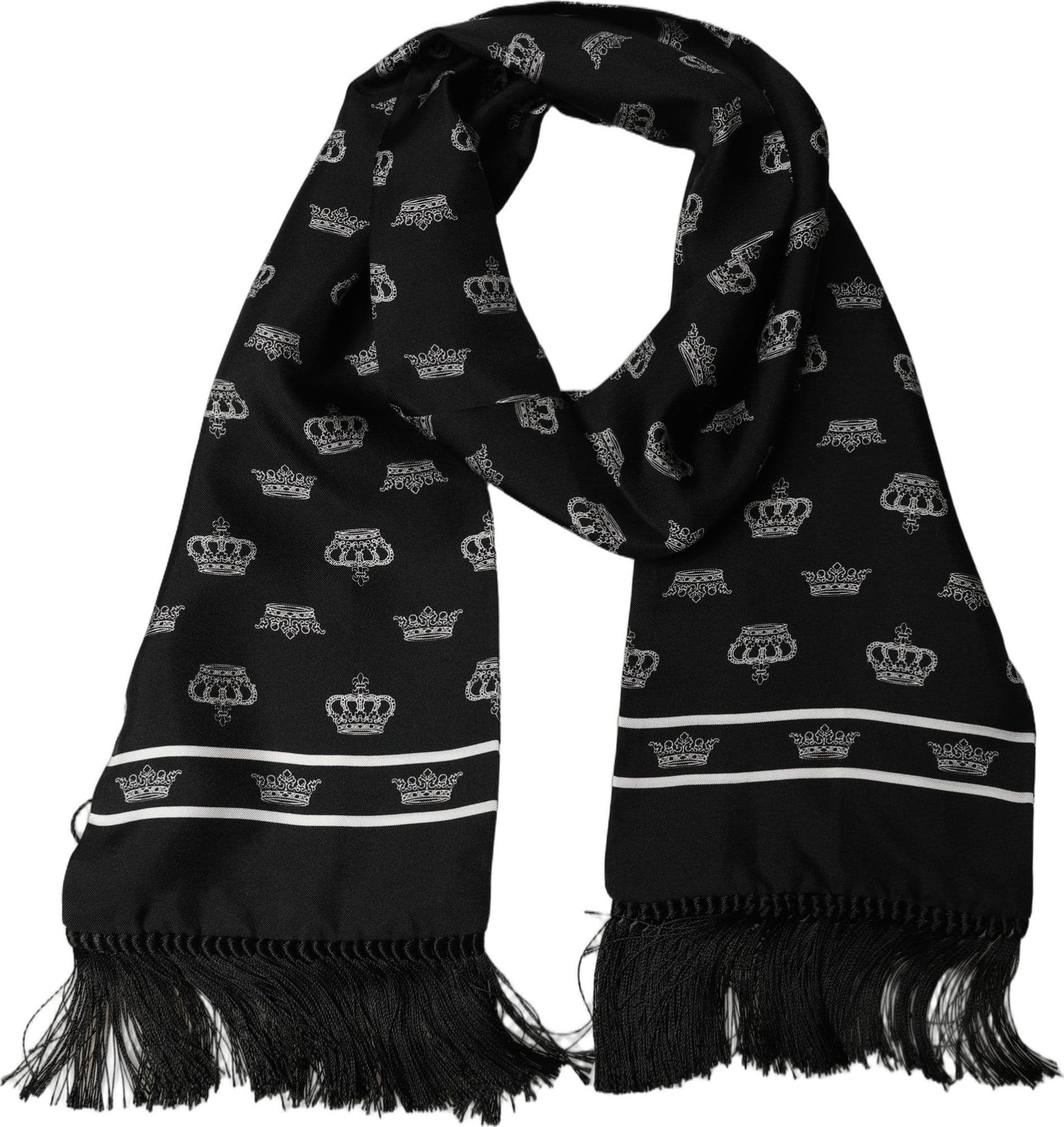 Dolce & Gabbana Black Silk Crown Fringed Neck Shawl Scarf - 2