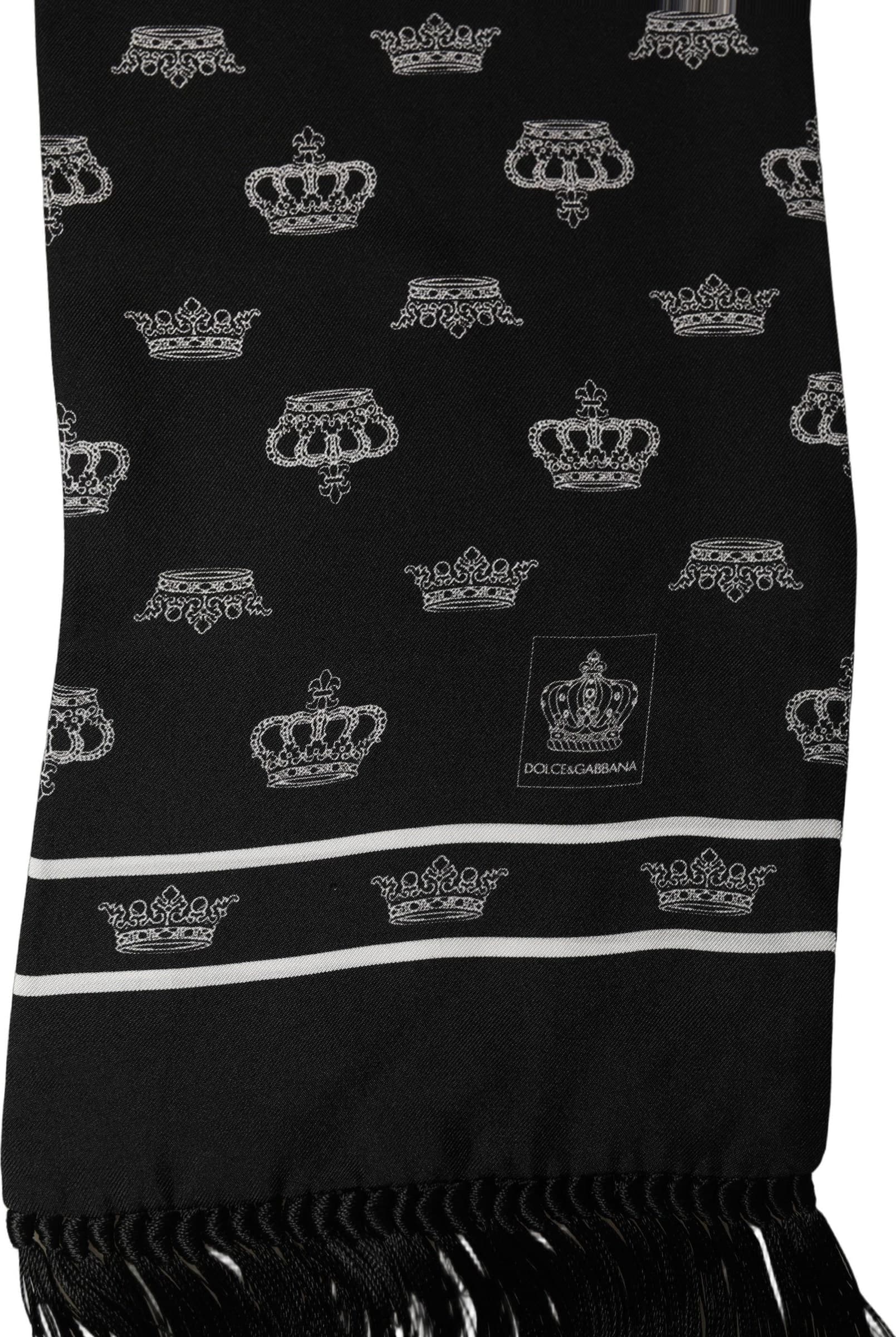 Dolce & Gabbana Black Silk Crown Fringed Neck Shawl Scarf - 5