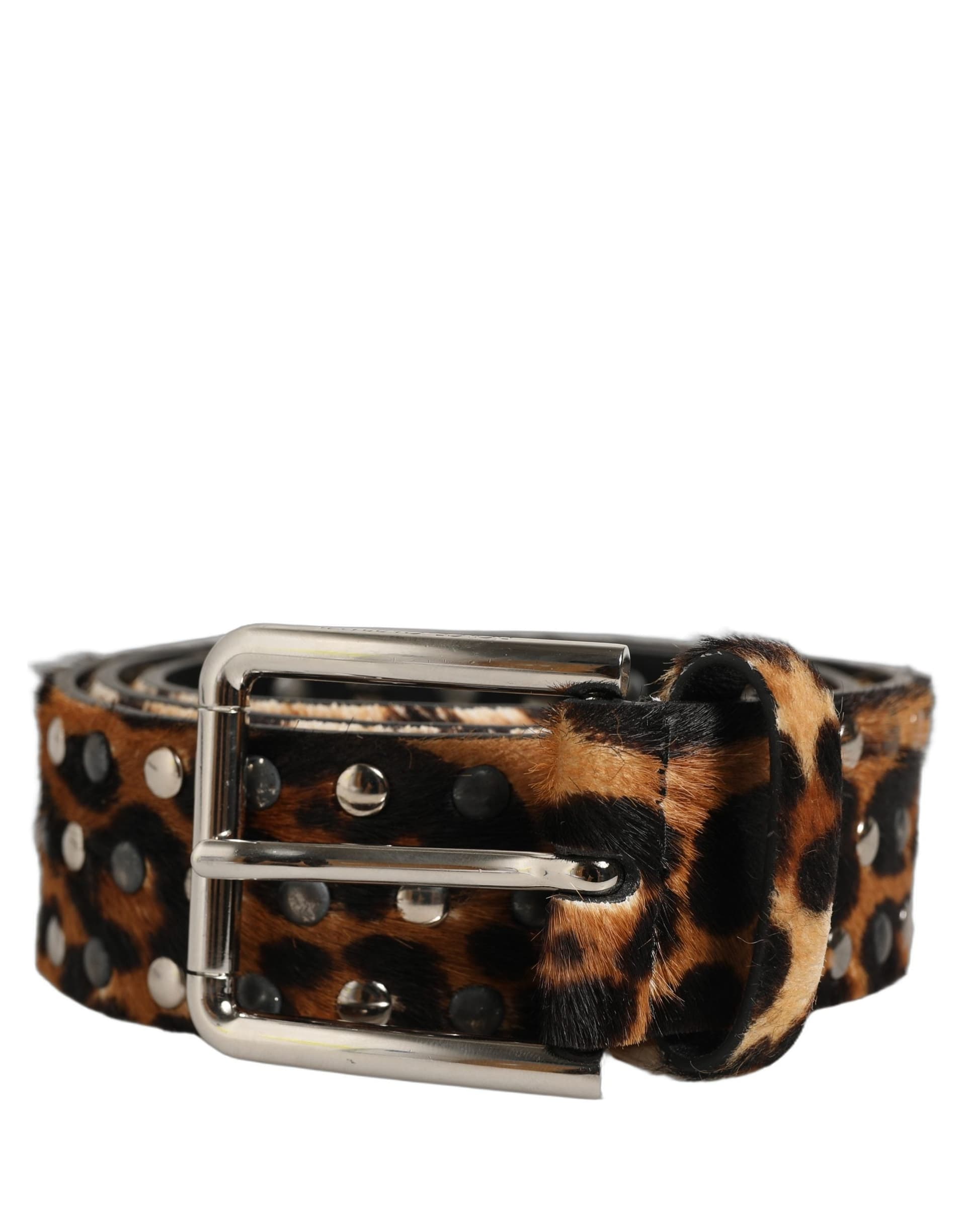 Dolce & Gabbana Brown Leopard Calf Hair Studs Metal Buckle Belt - 3