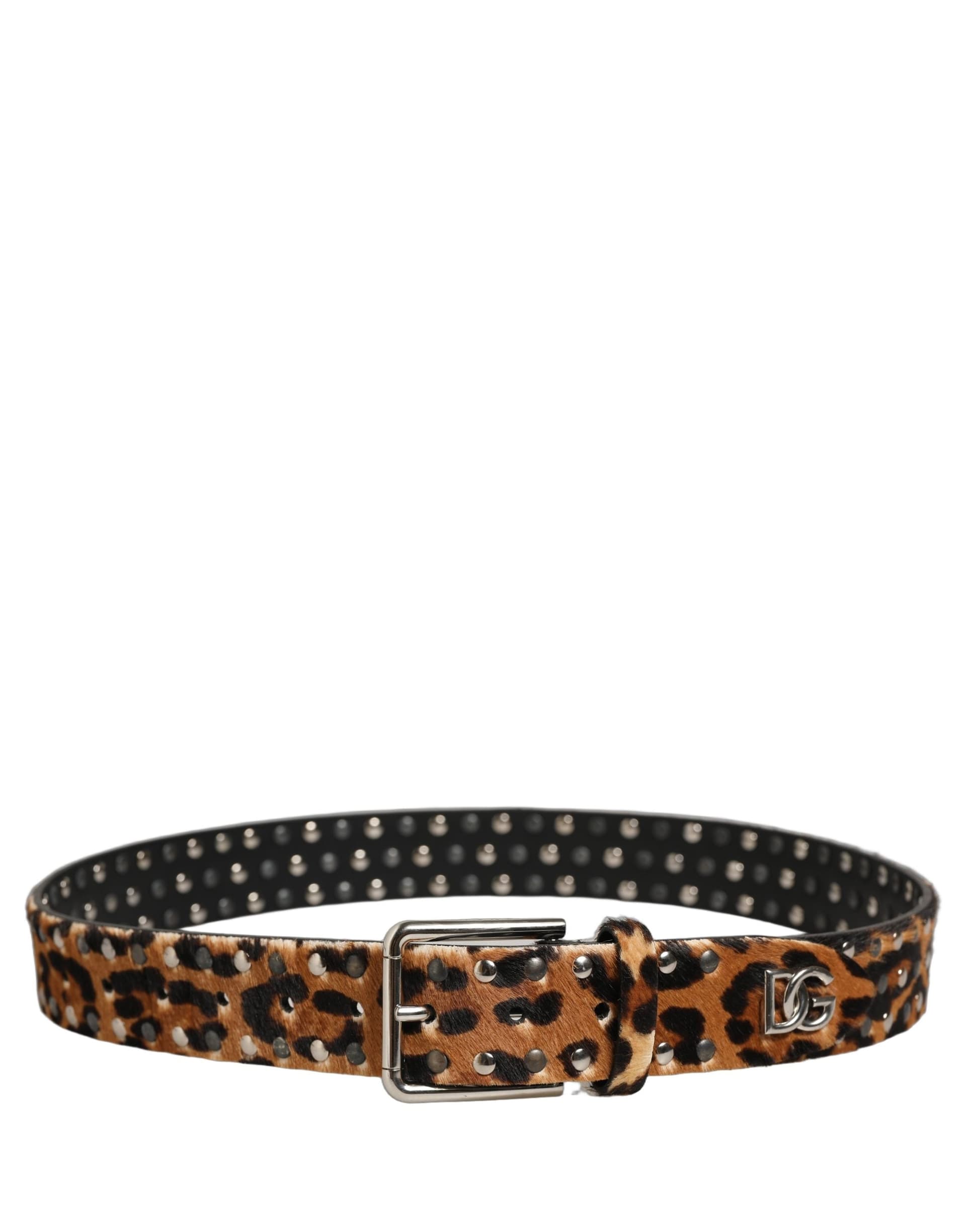 Dolce & Gabbana Brown Leopard Calf Hair Studs Metal Buckle Belt - 4