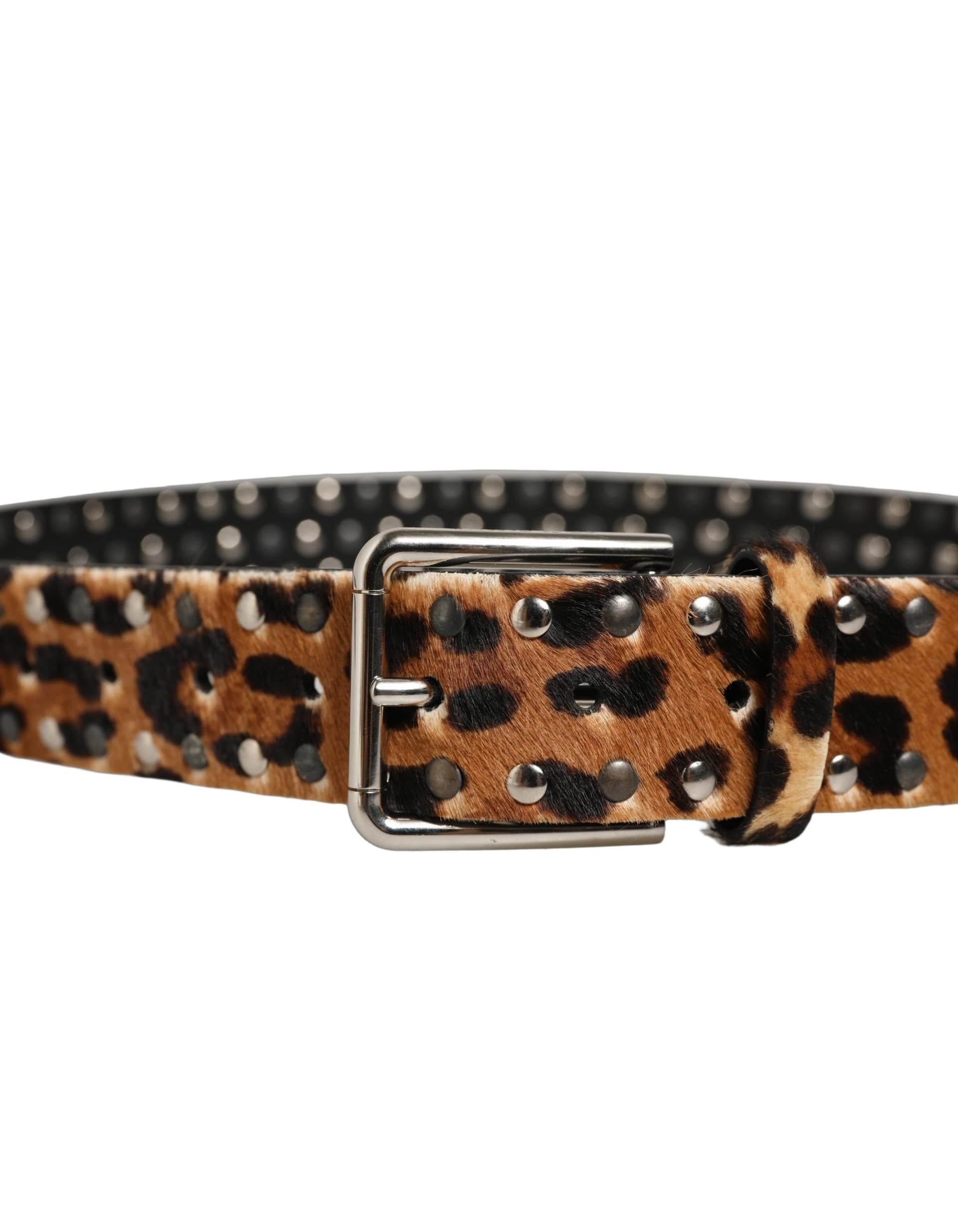 Dolce & Gabbana Brown Leopard Calf Hair Studs Metal Buckle Belt - 5