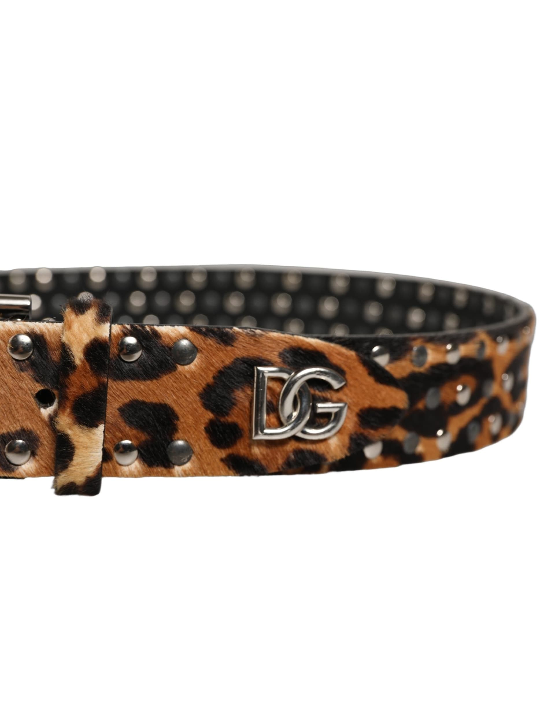 Dolce & Gabbana Brown Leopard Calf Hair Studs Metal Buckle Belt - 6