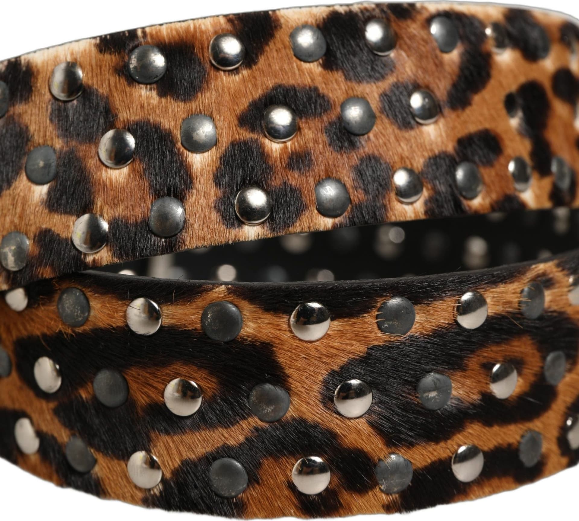Dolce & Gabbana Brown Leopard Calf Hair Studs Metal Buckle Belt - 8