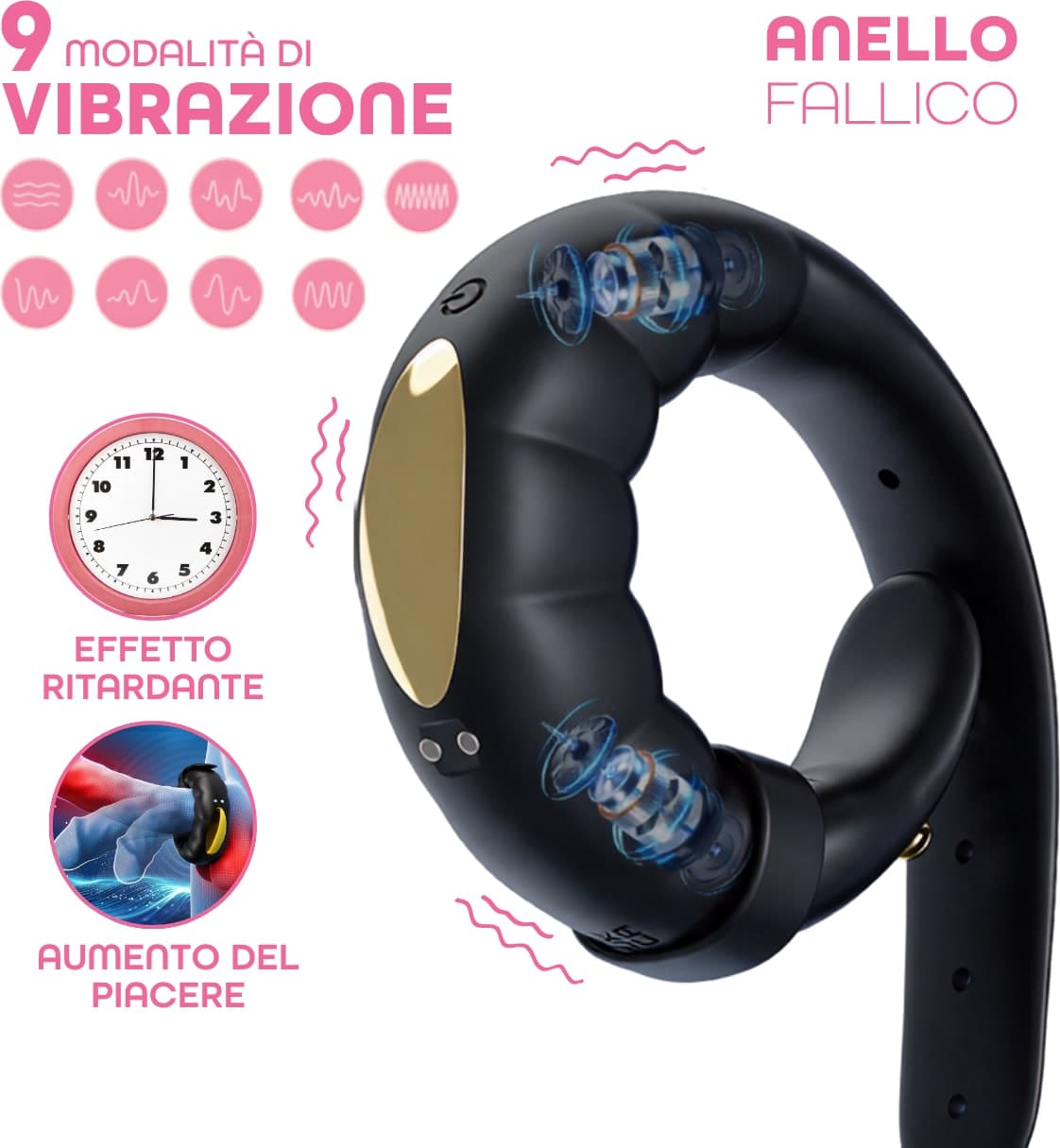 Anello Fallico per Pene Uomo Vibrante con App 9 Vibrazioni Cinturino Regolabile - 3