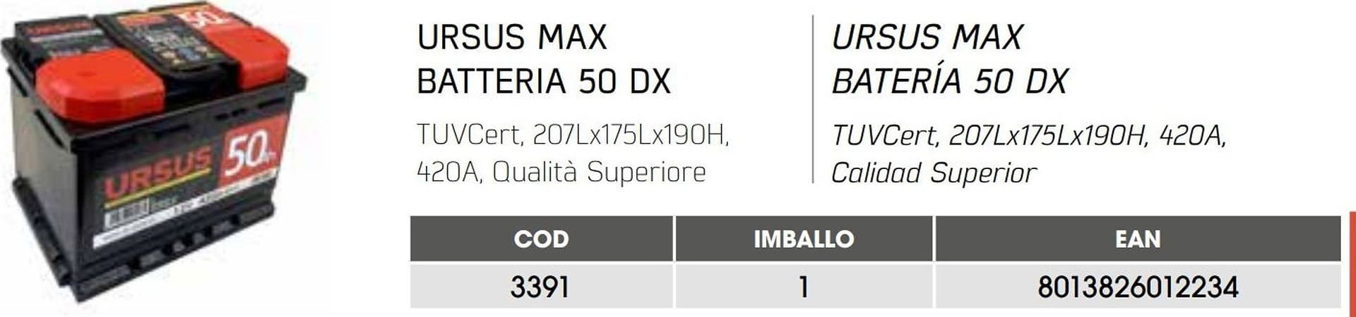 Ursus batteria auto da 50Ah DX, 12V, spunto 420A, L 207 x P 175 x H 190mm - 4