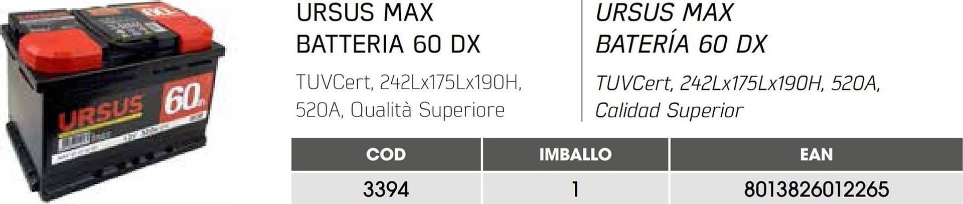 Ursus batteria auto da 60Ah DX, 12V, spunto 520A, L 242 X P 175 X H 190mm - 4