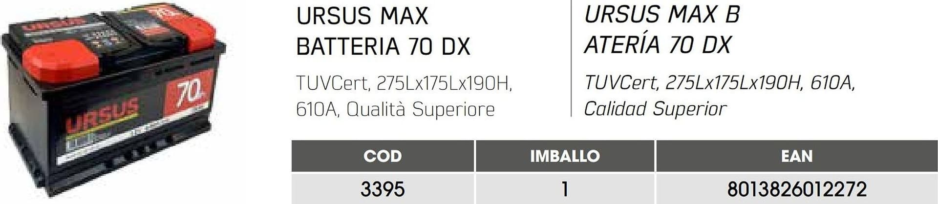 Ursus batteria auto da 70Ah DX, 12V, spunto 610A, L 275 X P 175 X H 190mm - 4