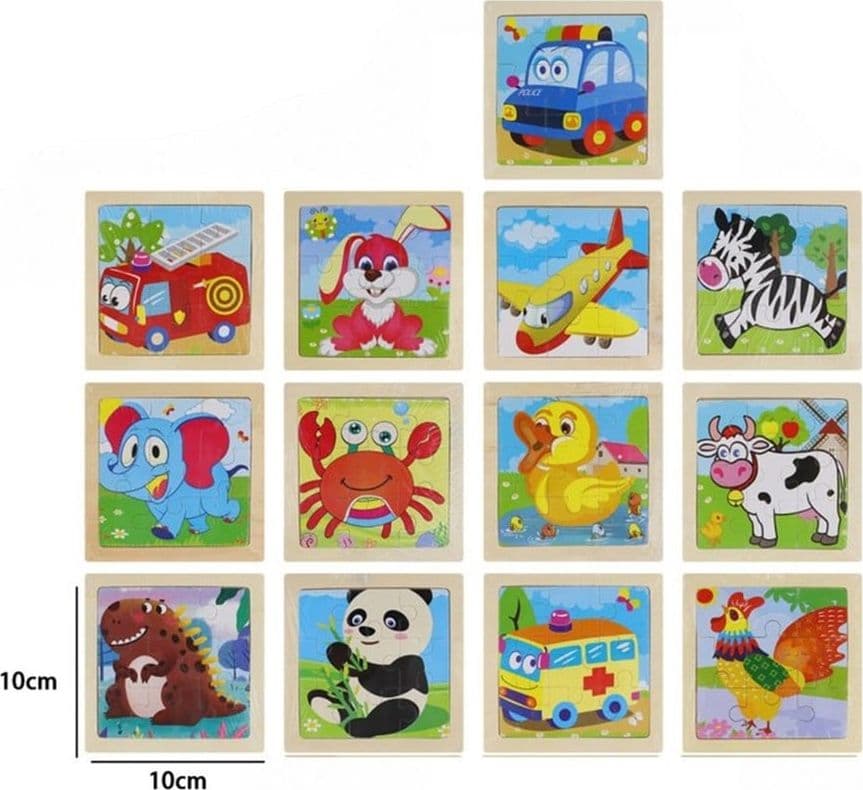 SET 3PZ PUZZLE GIOCO EDUCATIVO IN LEGNO BAMBINI DA 9PZ 10X10CM TEMA ANIMALI VEICOLI 53556 - 3