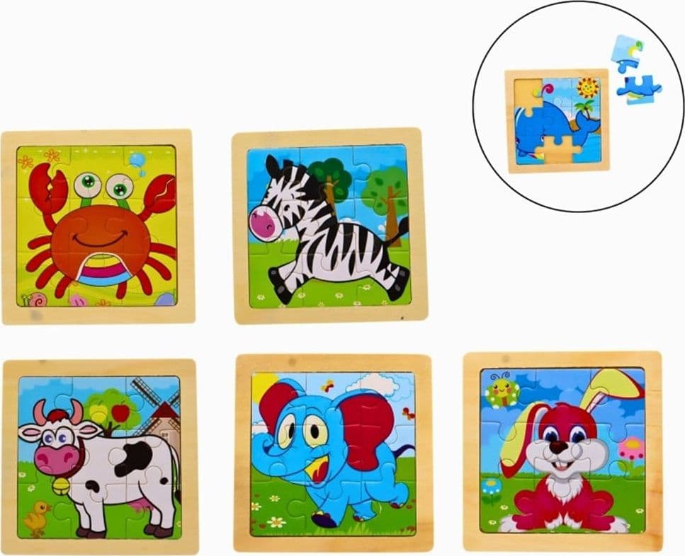 SET 3PZ PUZZLE GIOCO EDUCATIVO IN LEGNO BAMBINI DA 9PZ 10X10CM TEMA ANIMALI VEICOLI 53556 - 4