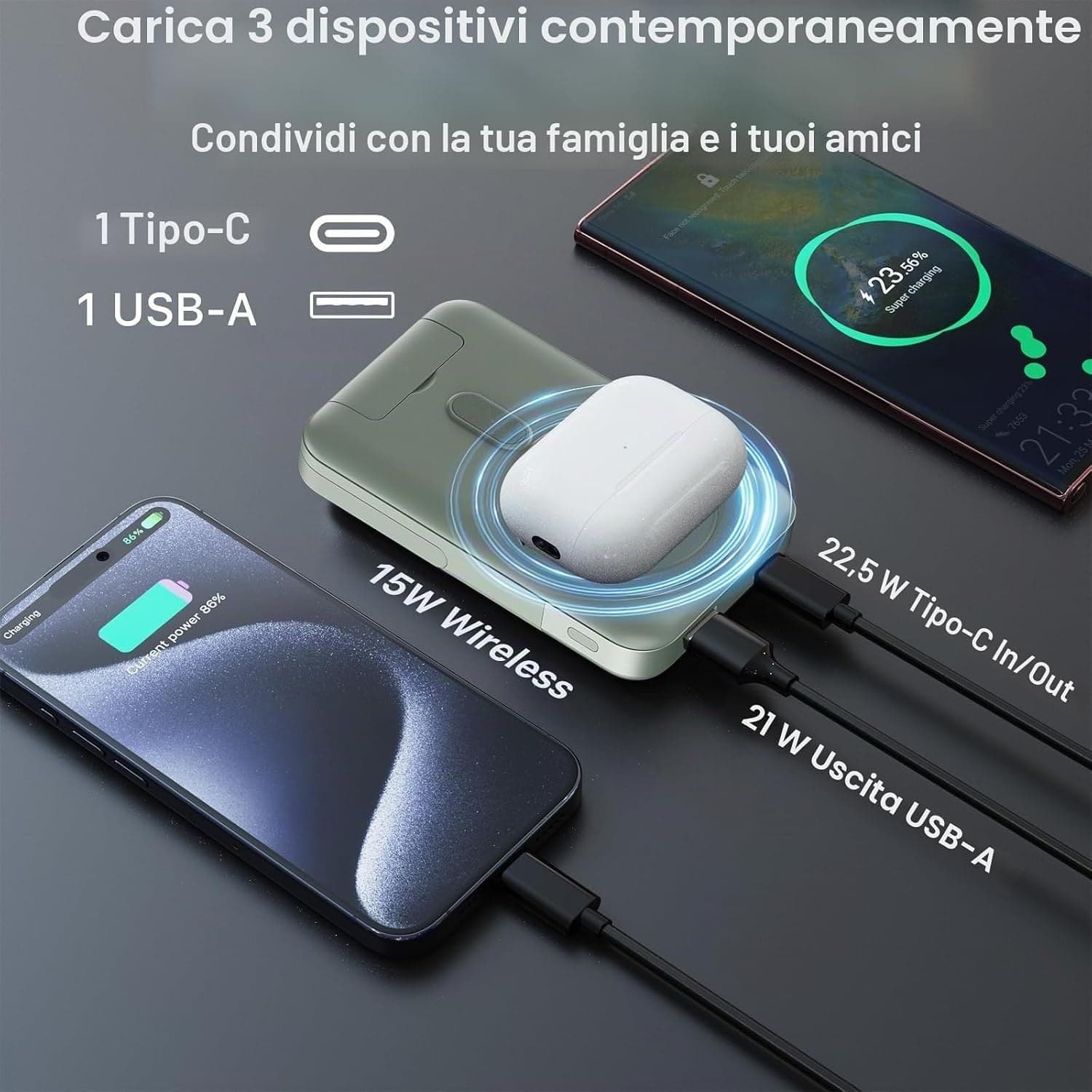 Power Bank 10000mAh Magnetico MagSafe 22.5W Qi 15W USB-C Display LED Verde A2641 - 2
