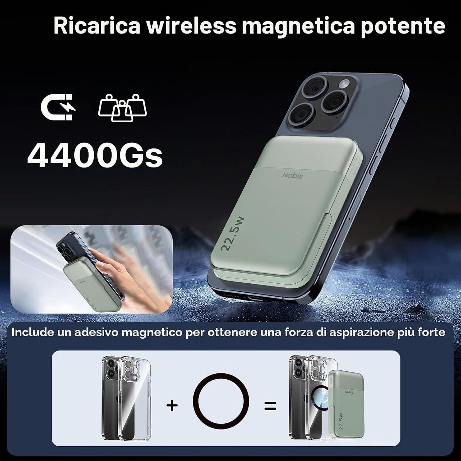 Power Bank 10000mAh Magnetico MagSafe 22.5W Qi 15W USB-C Display LED Verde A2641 - 4