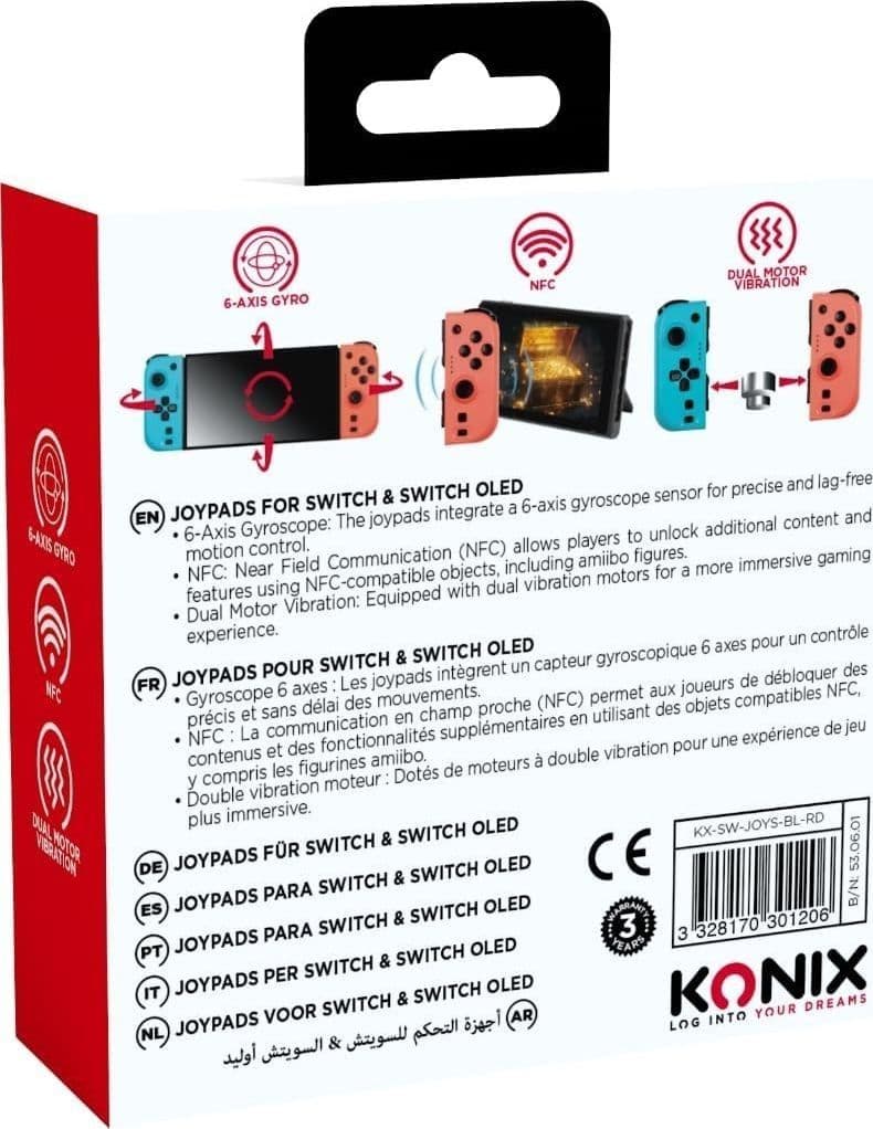 Konix Controller Joypads Switch OLED Bluetooth NFC Vibrazione Turbo Blu Rosso 8h - 8