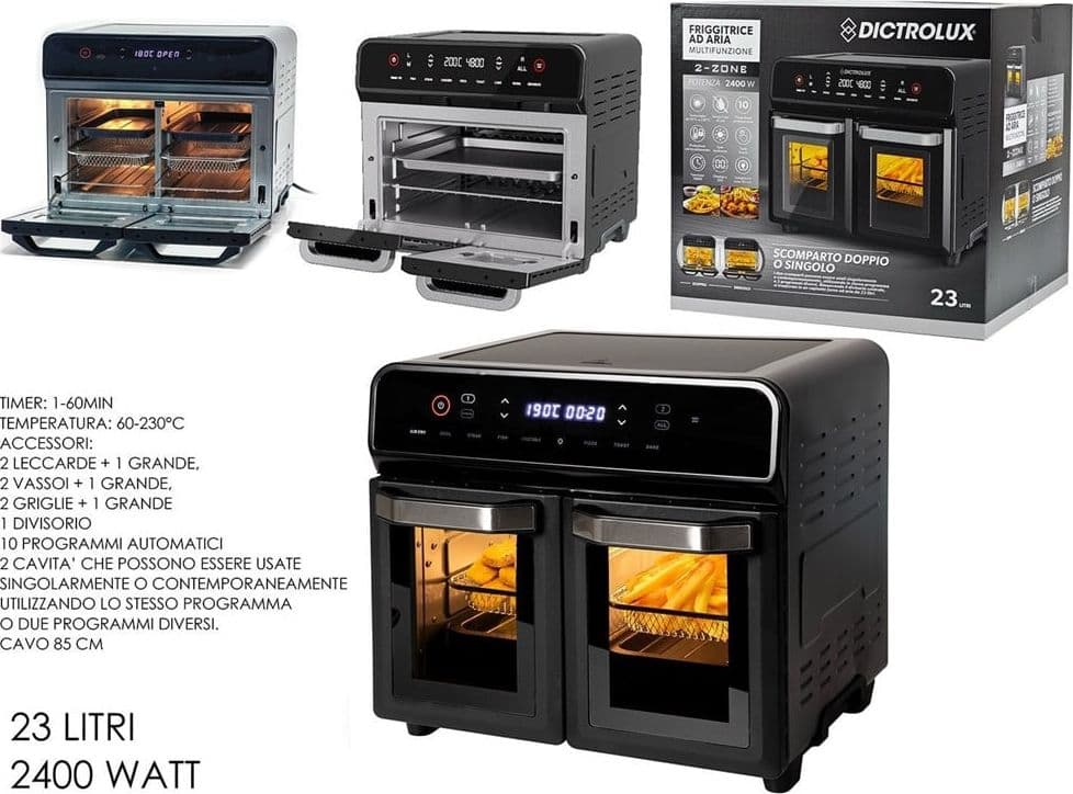 FRIGGITRICE AD ARIA FORNO MULTIFUNZIONE 23LT 2400W DOPPIO SCOMPARTO SEPARATORE REMOVIBILE - 2