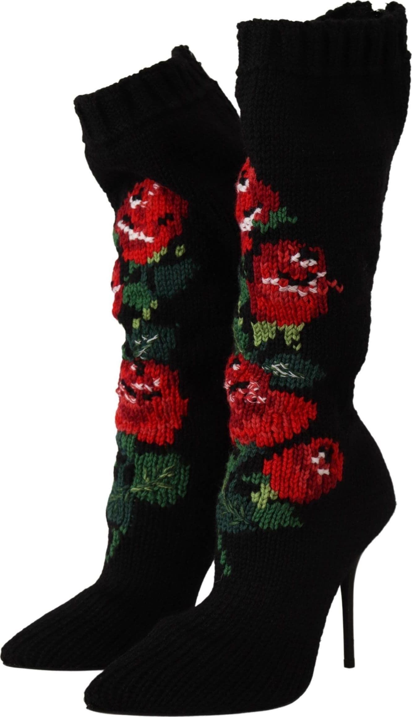 Dolce & Gabbana Black Stretch Socks Red Roses Booties Shoes - 2
