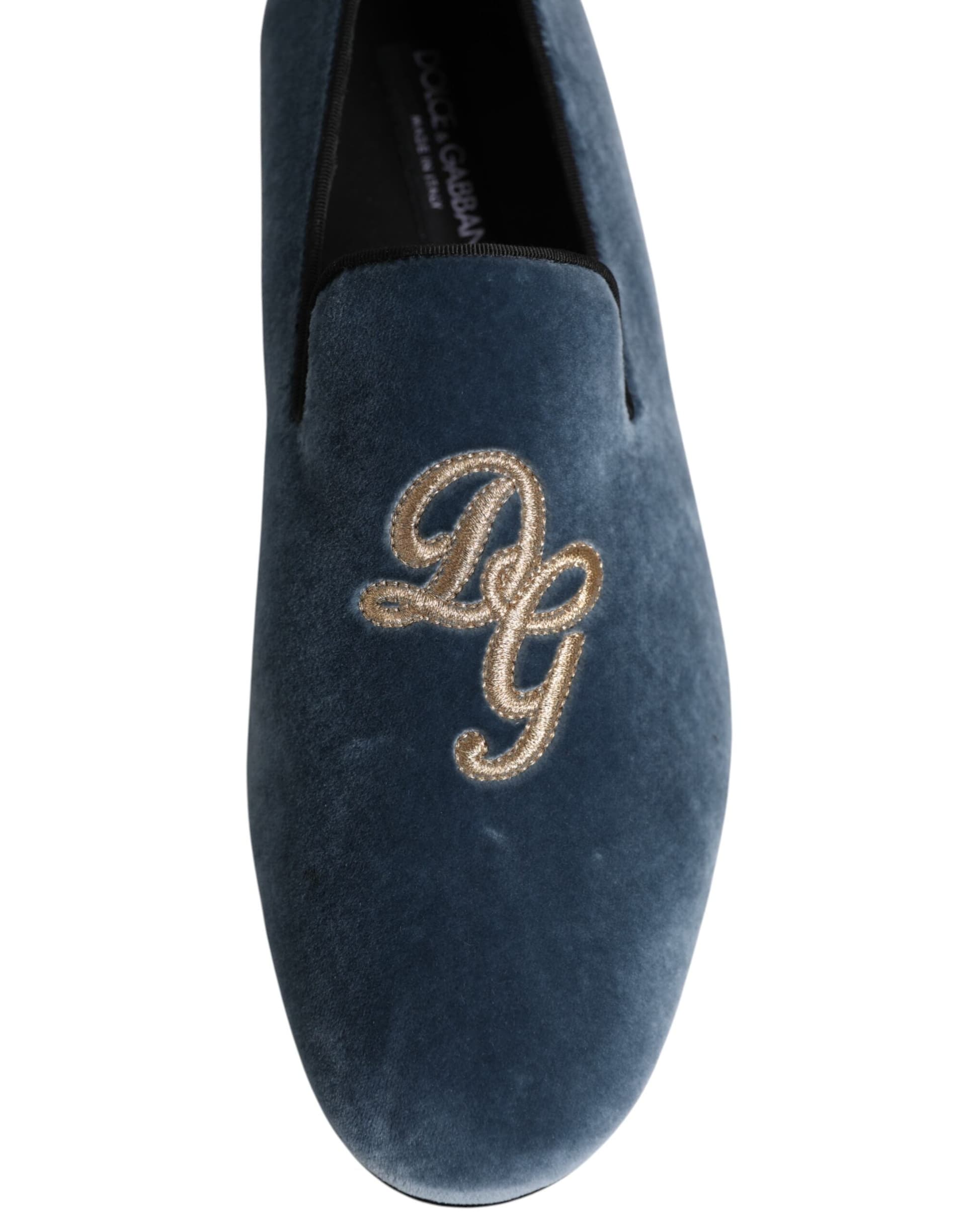 Dolce & Gabbana Blue Velvet DG Logo Loafers Formal Shoes - 8