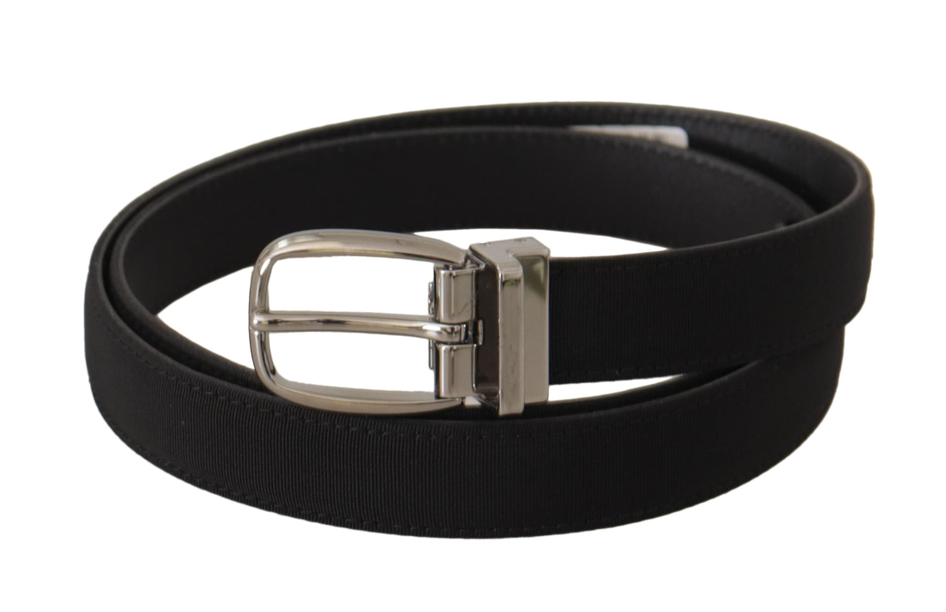 Dolce & Gabbana Black Calf Canvas Silver Tone Logo Metal Belt - 2