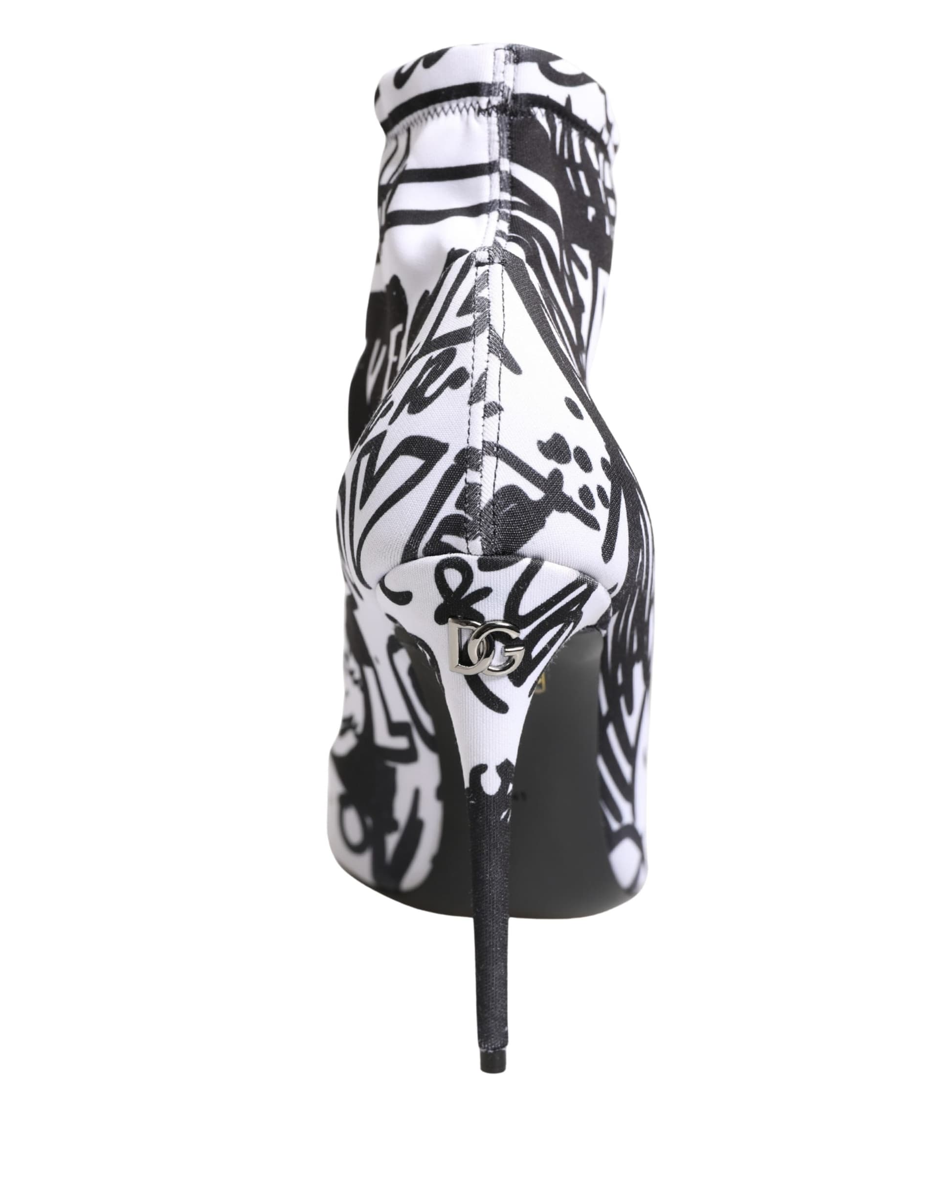 Dolce & Gabbana White Graffiti Stretch Ankle Boots Shoes - 7