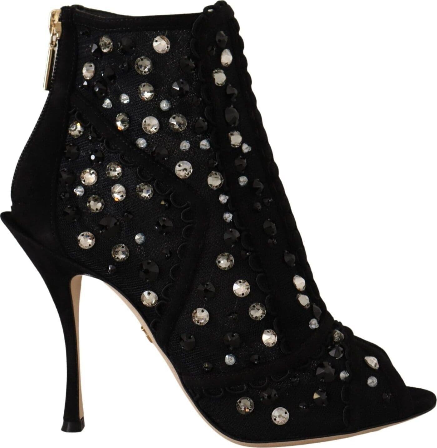 Dolce & Gabbana Black Crystals Heels Zipper Short Boots Shoes